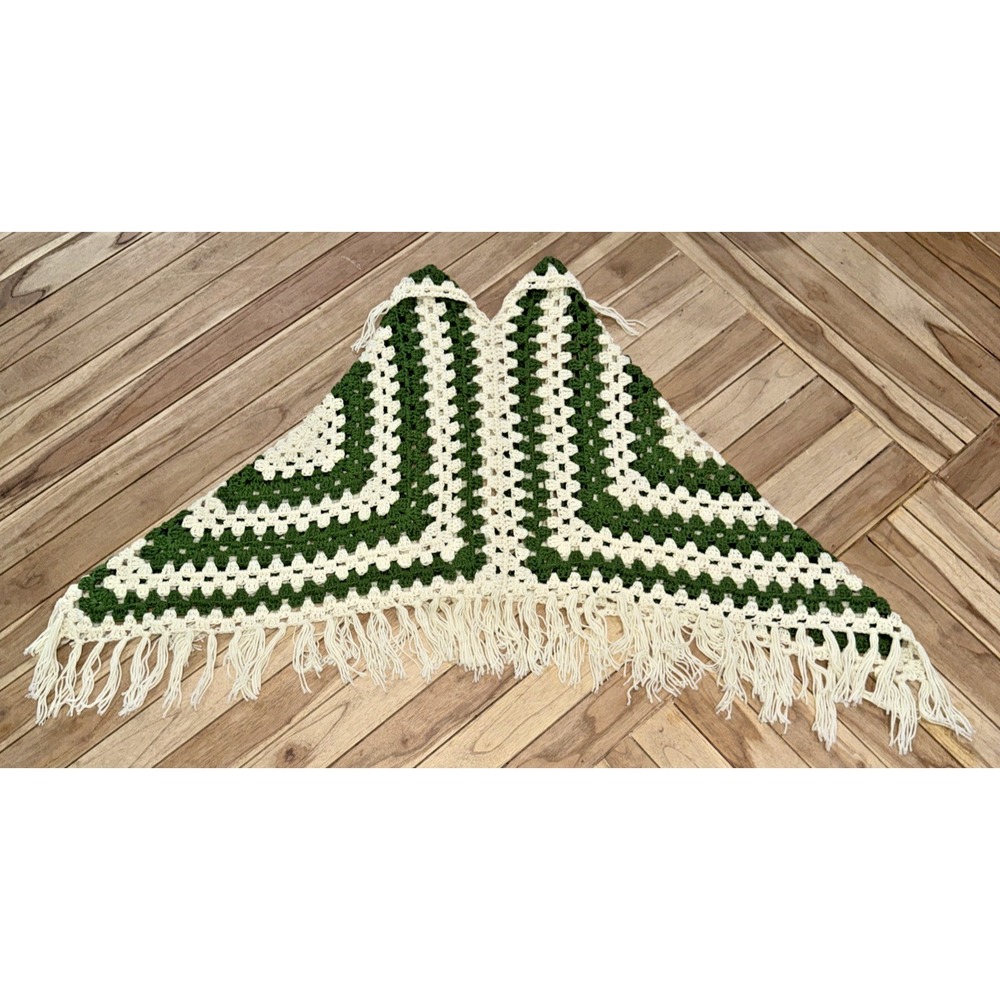 Vtg GROOVY 70s Crochet Granny Square Poncho - Green Cream Fringe | Handmade Boho - Picture 2 of 11